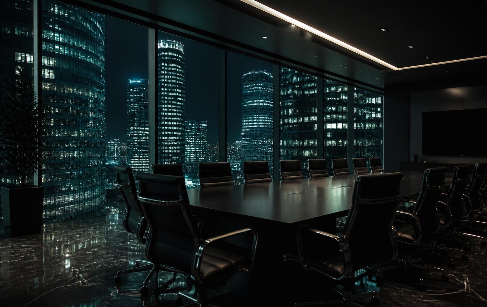 An empty glass boardroom above the city at night