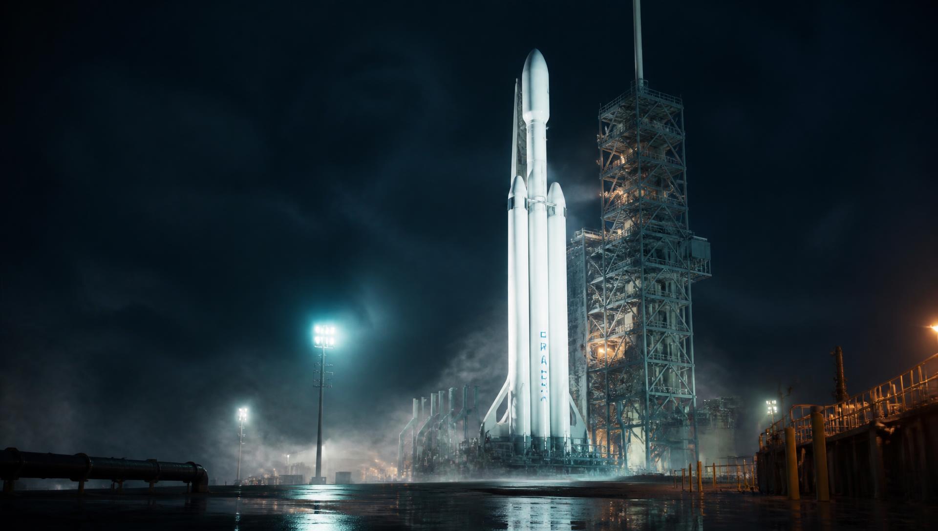 A Lynx Aerospace heavy-lift rocket on the pad at night